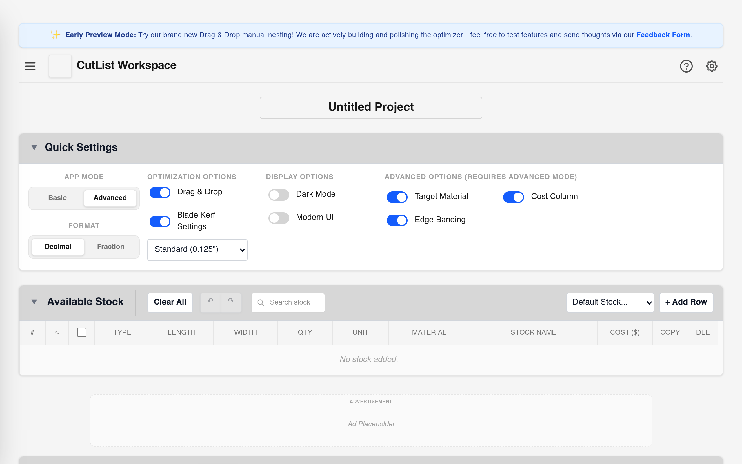 Screenshot of CutList Workspace layout calculator interface